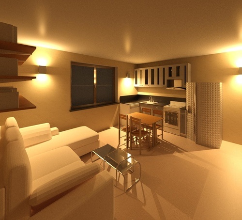 RENDERING INTERNO - vista interna soggiorno - angolo cottura