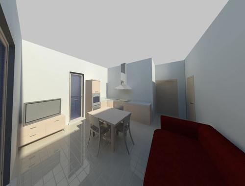 RENDERING INTERNO - vista interna soggiorno con angolo cottura