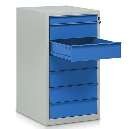  - Armadio portautensili in lamiera di acciaio dotato di dispositivo antiribaltamento. Cassetti su guide semplici con pareti fessurate.