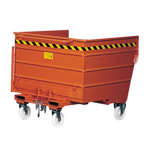  - Carrello benna ribaltabile in lamiera rinforzata a tenuta stagna, ruote in nylon con rulli.