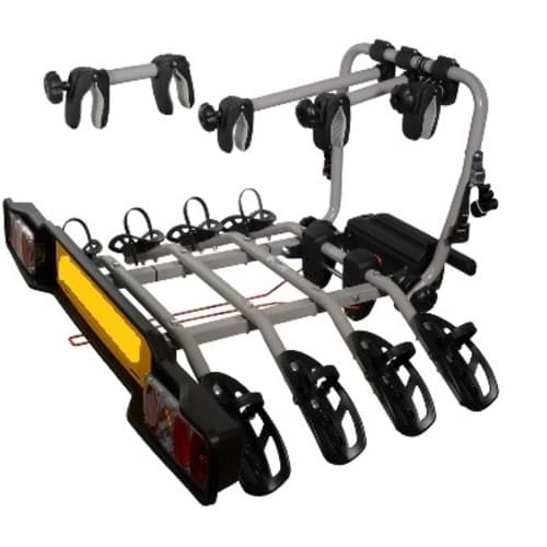 Portabici da gancio traino 4 posti tipo reclinabile con portata max 60 kg per quattro bici con sistema antifurto. - Il porta biciclette stile piattaforma ZX304 di Witter impiega fino a quattro cicli di qualsiasi dimensione, incluso quello di un bambino. 
Il supporto si fissa al gancio di traino utilizzando una leva di bloccaggio bloccabile e una sicurezza aggiuntiva sarà fornita fissando le cinghie.
Veloce e facile da montare e rimuovere dal veicolo mediante una leva di bloccaggio bloccabile.
La semplice azione di inclinazione consente l’accesso al bagagliaio del veicolo con le bici caricate.
I supporti per ruote regolabili si adattano alla maggior parte dei cicli.Fornito con spina elettrica 2in1 per alloggiare prese sia a 7 pin che a 13 pin: non è necessario alcun adattatore.